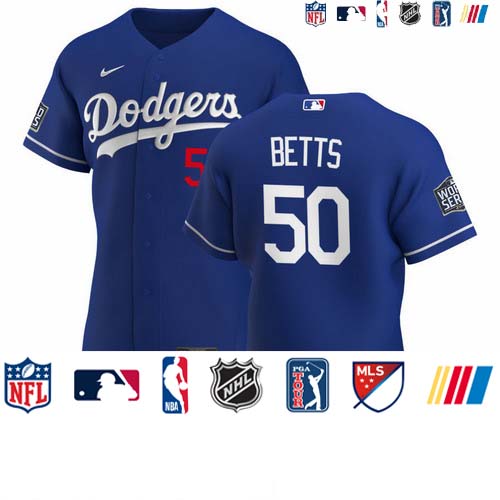 Personalized Los Angeles Dodgers #50 Mookie Betts Men’s Royal Alternate 2020 World Series Bound Authentic Player MLB Jersey