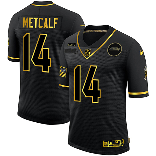 Personalized Seahawks 14 DK Metcalf Black Gold 2020 Salute To Service Limited Jersey