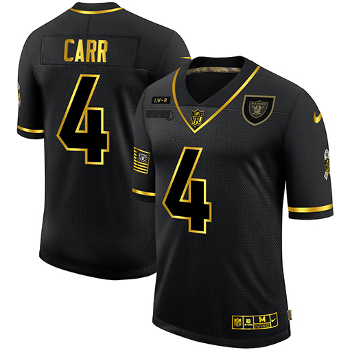 Personalized Raiders 4 Derek Carr Black Gold 2020 Salute To Service Limited Jersey