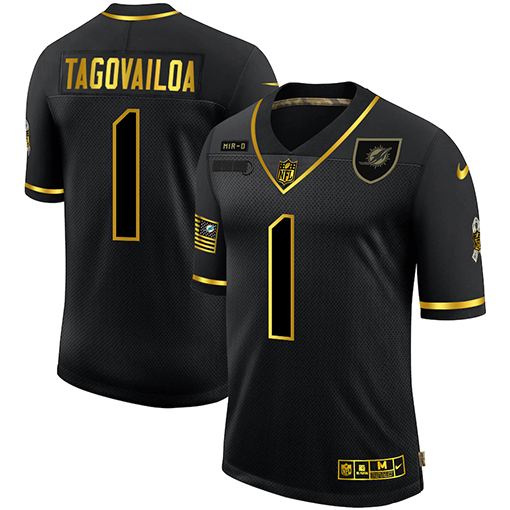 Personalized Dolphins 1 Tua Tagovailoa Black Gold 2020 Salute To Service Limited Jersey