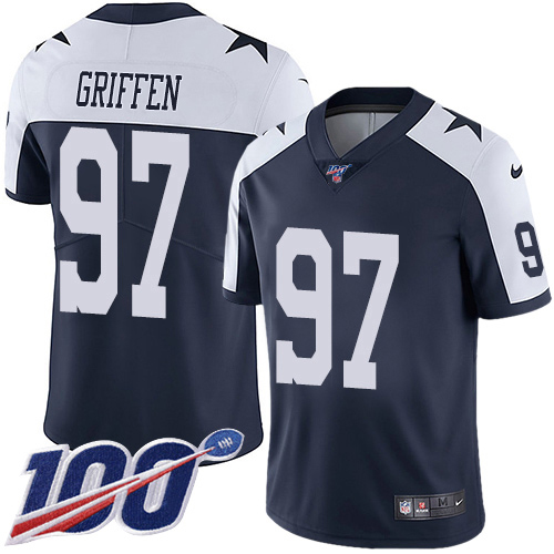 Personalized Cowboys #97 Everson Griffen Navy Blue Thanksgiving Men’s Stitched NFL 100th Season Throwback Limited Jersey
