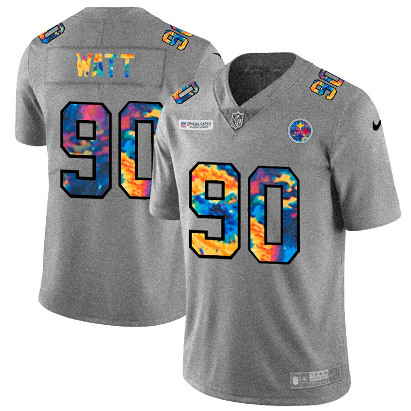 Personalized Pittsburgh Steelers #90 T.J. Watt Men’s Multi-Color 2020 NFL Crucial Catch NFL Jersey Greyheather
