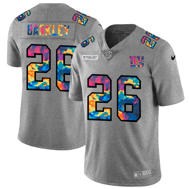Personalized New York Giants #26 Saquon Barkley Men’s Multi-Color 2020 NFL Crucial Catch NFL Jersey Greyheather