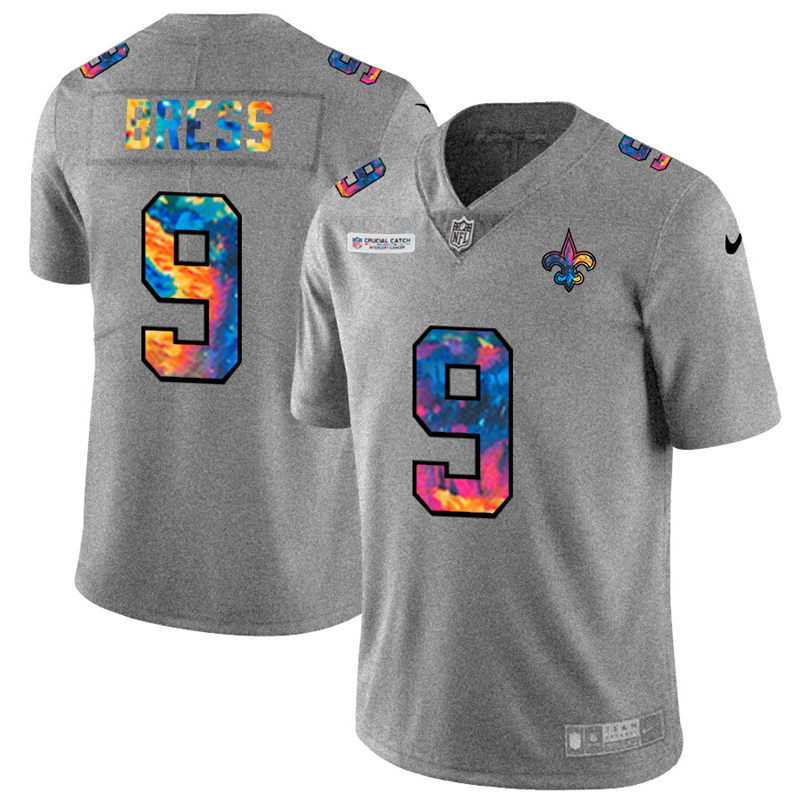 Personalized New Orleans Saints #9 Drew Brees Men’s Multi-Color 2020 NFL Crucial Catch NFL Jersey Greyheather