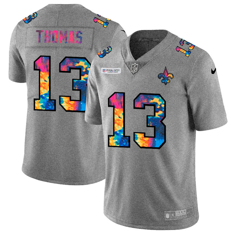 Personalized New Orleans Saints #13 Michael Thomas Men’s Multi-Color 2020 NFL Crucial Catch NFL Jersey Greyheather