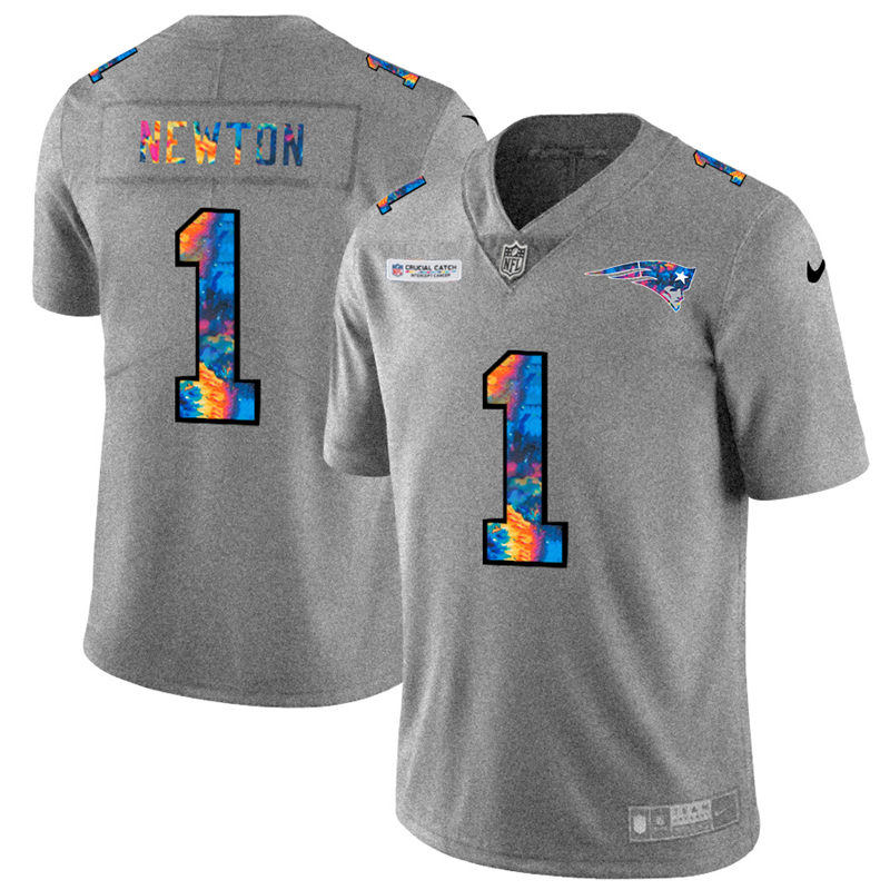 Personalized New England Patriots #1 Cam Newton Men’s Multi-Color 2020 NFL Crucial Catch NFL Jersey Greyheather