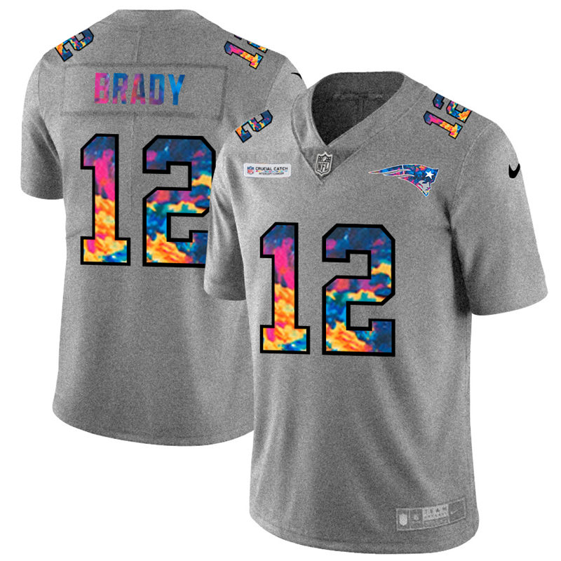 Personalized New England Patriots #12 Tom Brady Men’s Multi-Color 2020 NFL Crucial Catch NFL Jersey Greyheather