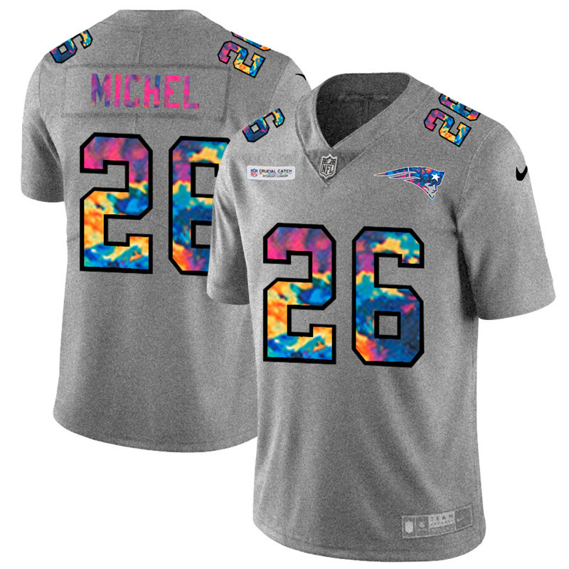 Personalized New England Patriots #26 Sony Michel Men’s Multi-Color 2020 NFL Crucial Catch NFL Jersey Greyheather