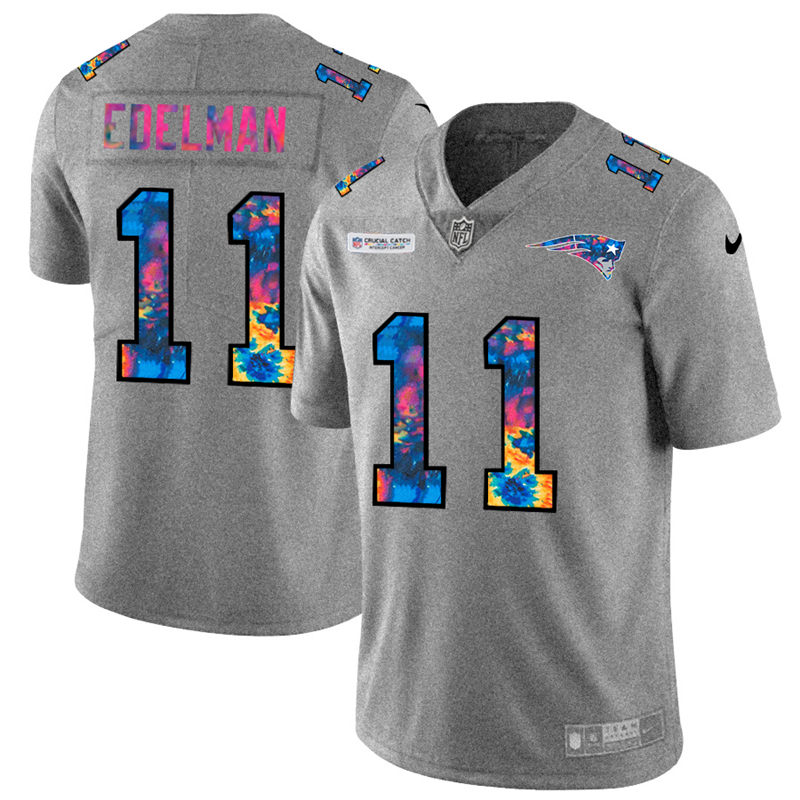 Personalized New England Patriots #11 Julian Edelman Men’s Multi-Color 2020 NFL Crucial Catch NFL Jersey Greyheather