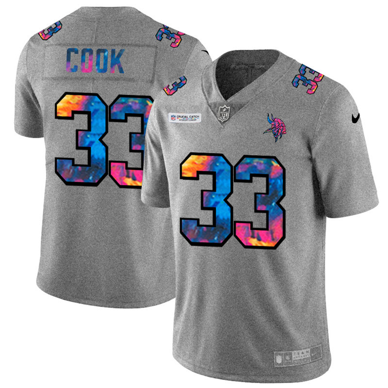 Personalized Minnesota Vikings #33 Dalvin Cook Men’s Multi-Color 2020 NFL Crucial Catch NFL Jersey Greyheather