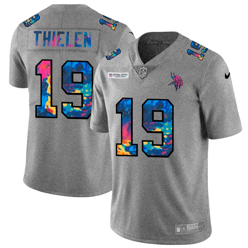 Personalized Minnesota Vikings #19 Adam Thielen Men’s Multi-Color 2020 NFL Crucial Catch NFL Jersey Greyheather