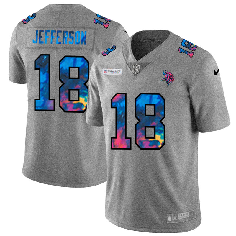 Personalized Minnesota Vikings #18 Justin Jefferson Men’s Multi-Color 2020 NFL Crucial Catch NFL Jersey Greyheather