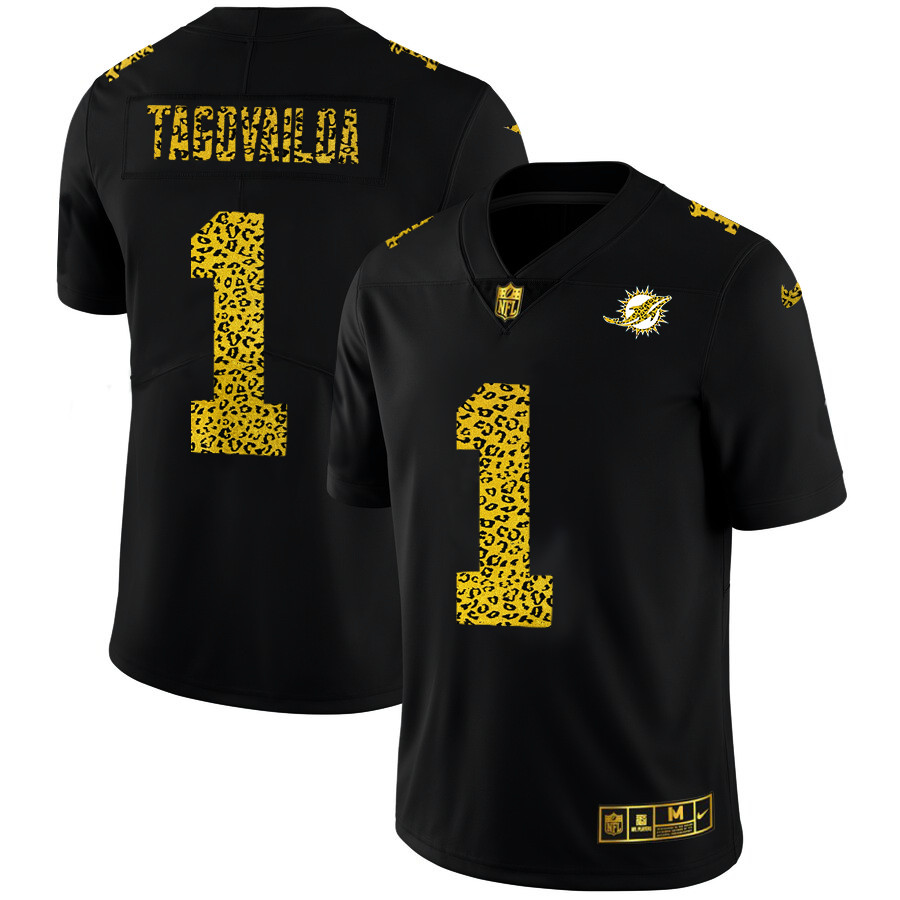 Personalized Miami Dolphins #1 Tua Tagovailoa Men’s Leopard Print Fashion Limited NFL Jersey Black
