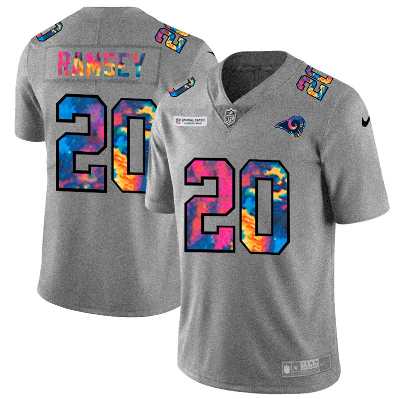 Personalized Los Angeles Rams #20 Jalen Ramsey Men’s Multi-Color 2020 NFL Crucial Catch NFL Jersey Greyheather