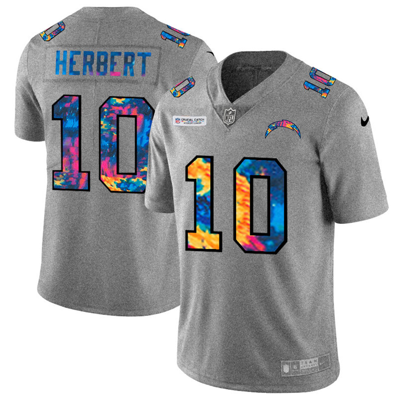 Personalized Los Angeles Chargers #10 Justin Herbert Men’s Multi-Color 2020 NFL Crucial Catch NFL Jersey Greyheather