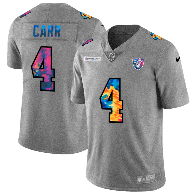 Personalized Las Vegas Raiders #4 Derek Carr Men’s Multi-Color 2020 NFL Crucial Catch NFL Jersey Greyheather
