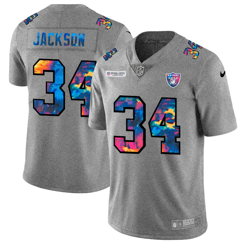 Personalized Las Vegas Raiders #34 Bo Jackson Men’s Multi-Color 2020 NFL Crucial Catch NFL Jersey Greyheather