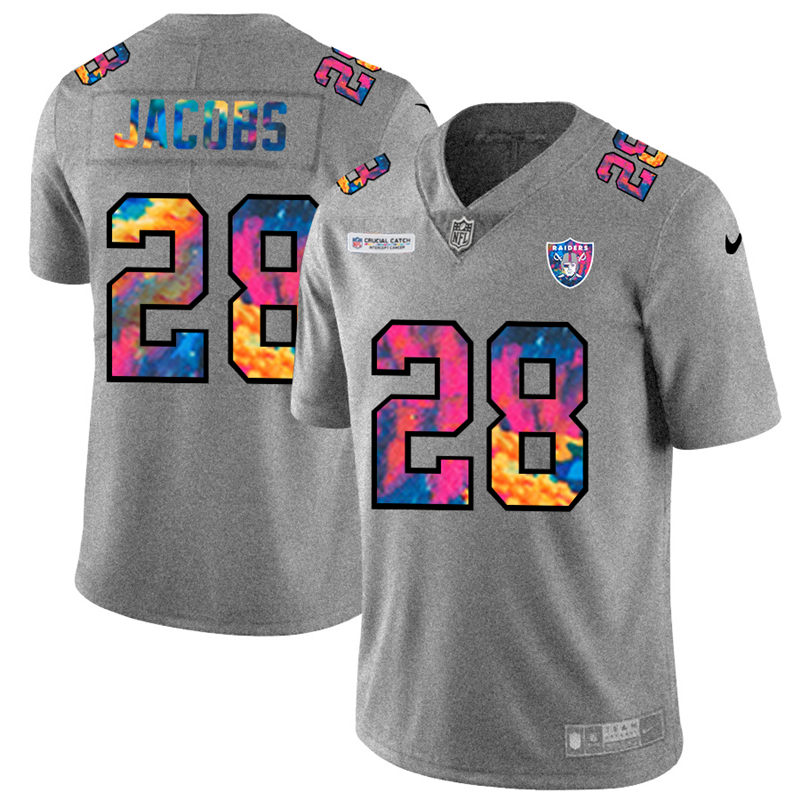 Personalized Las Vegas Raiders #28 Josh Jacobs Men’s Multi-Color 2020 NFL Crucial Catch NFL Jersey Greyheather