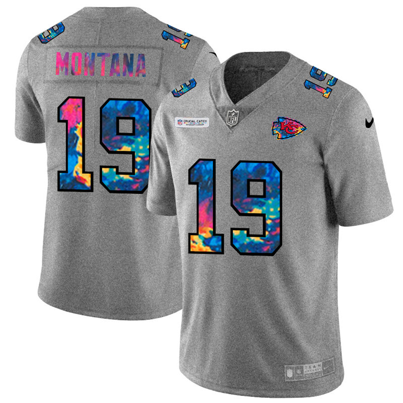 Personalized Kansas City Chiefs #19 Joe Montana Men’s Multi-Color 2020 NFL Crucial Catch NFL Jersey Greyheather