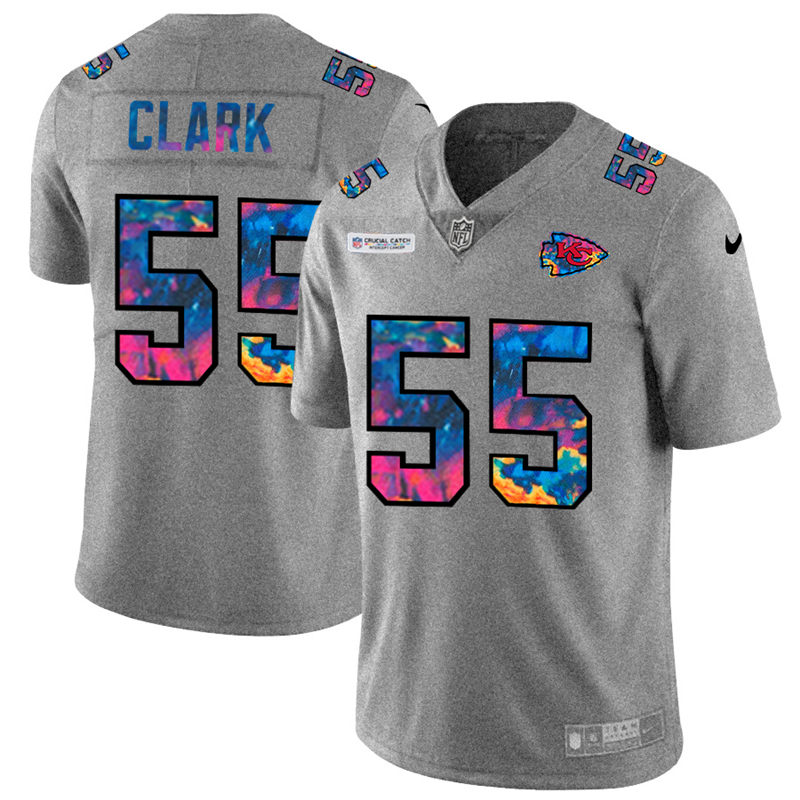 Personalized Kansas City Chiefs #55 Frank Clark Men’s Multi-Color 2020 NFL Crucial Catch NFL Jersey Greyheather