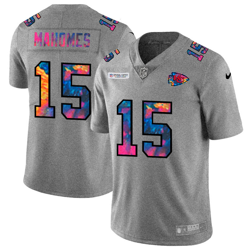 Personalized Kansas City Chiefs #15 Patrick Mahomes Men’s Multi-Color 2020 NFL Crucial Catch NFL Jersey Greyheather