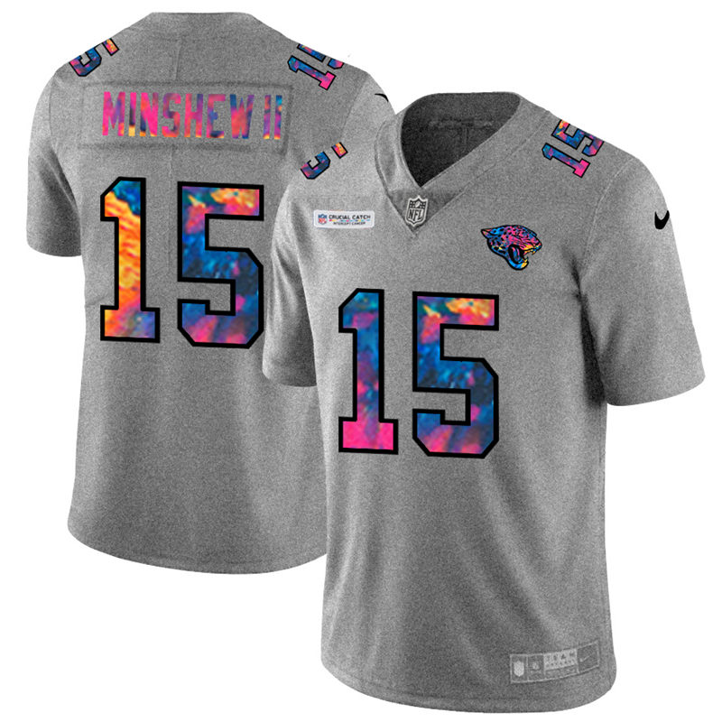 Personalized Jacksonville Jaguars #15 Gardner Minshew II Men’s Multi-Color 2020 NFL Crucial Catch NFL Jersey Greyheather