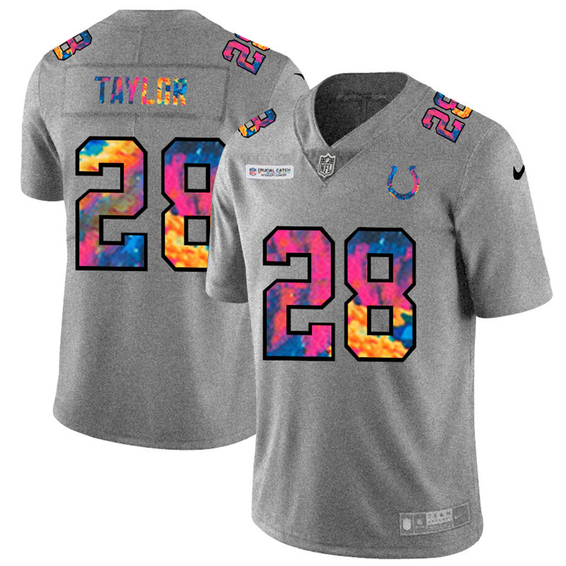 Personalized Indianapolis Colts #28 Jonathan Taylor Men’s Multi-Color 2020 NFL Crucial Catch NFL Jersey Greyheather