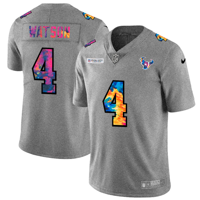 Personalized Houston Texans #4 Deshaun Watson Men’s Multi-Color 2020 NFL Crucial Catch NFL Jersey Greyheather