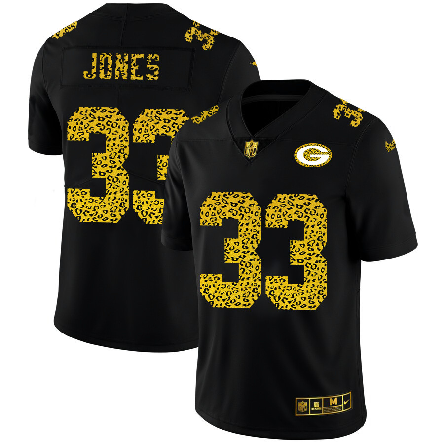 Personalized Green Bay Packers #33 Aaron Jones Men’s Leopard Print Fashion Limited NFL Jersey Black
