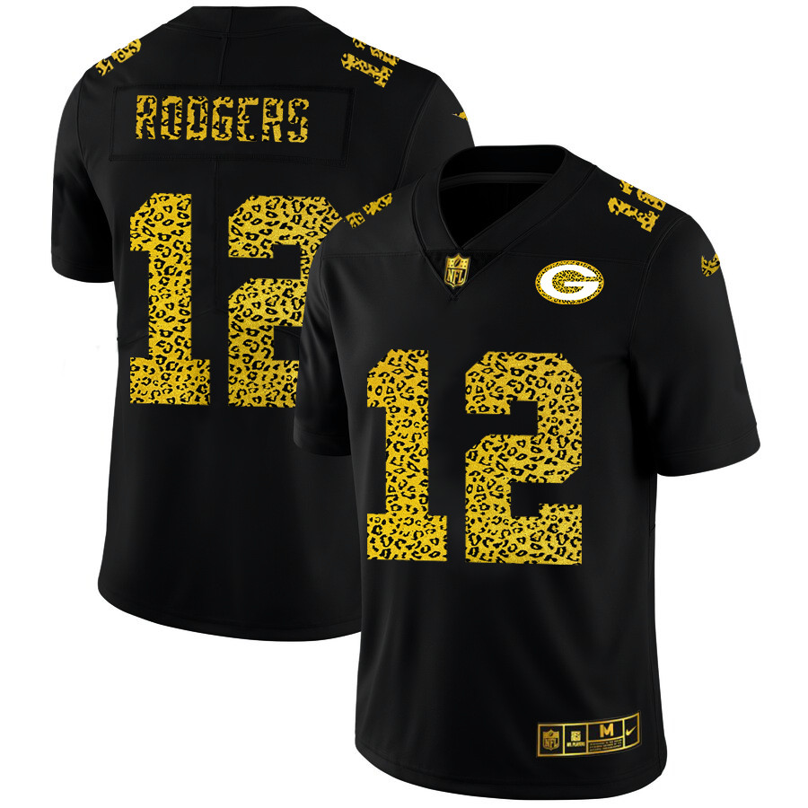 Personalized Green Bay Packers #12 Aaron Rodgers Men’s Leopard Print Fashion Limited NFL Jersey Black