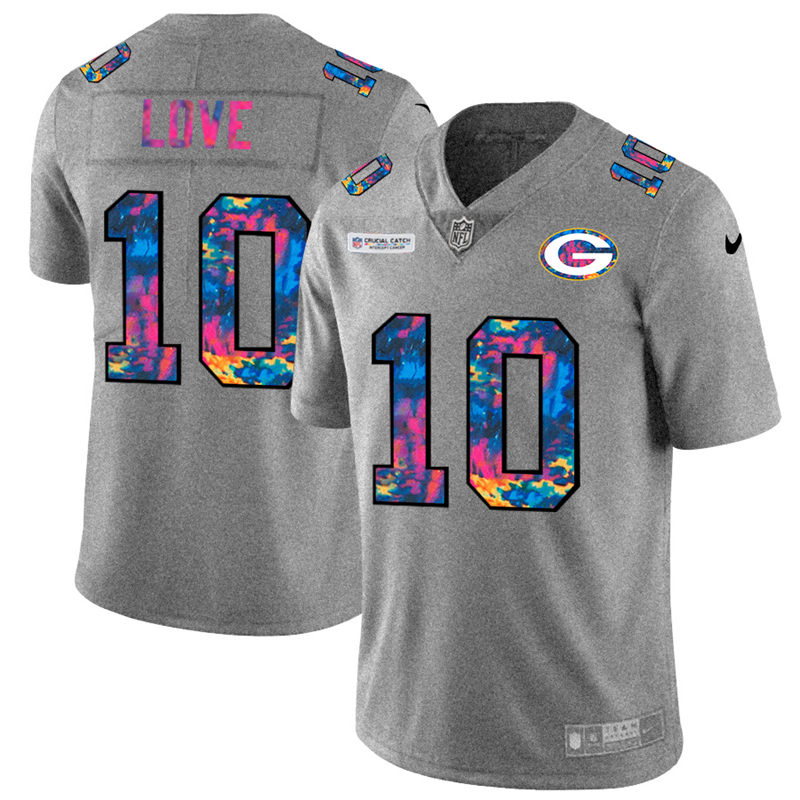 Personalized Green Bay Packers #10 Jordan Love Men’s Multi-Color 2020 NFL Crucial Catch NFL Jersey Greyheather