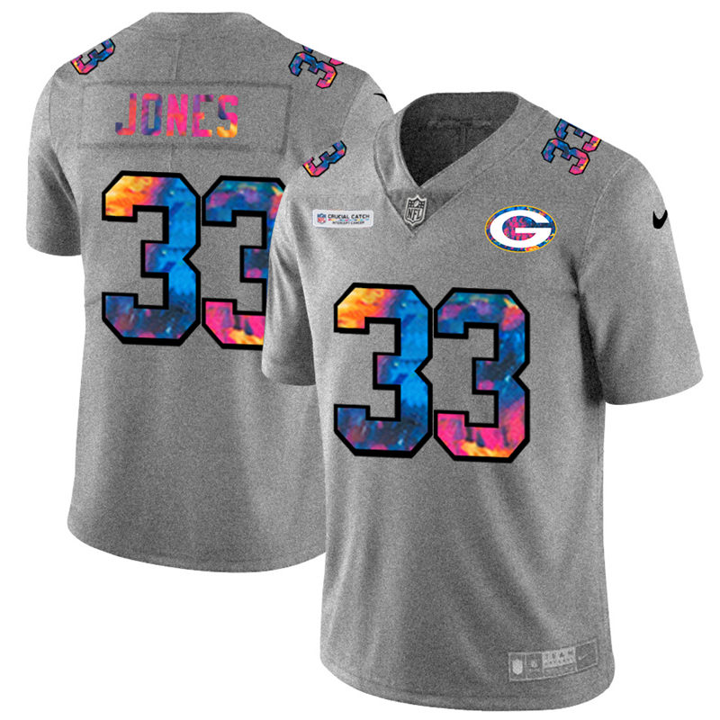 Personalized Green Bay Packers #33 Aaron Jones Men’s Multi-Color 2020 NFL Crucial Catch NFL Jersey Greyheather
