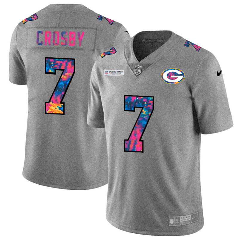 Personalized Green Bay Packers #7 Mason Crosby Men’s Multi-Color 2020 NFL Crucial Catch NFL Jersey Greyheather