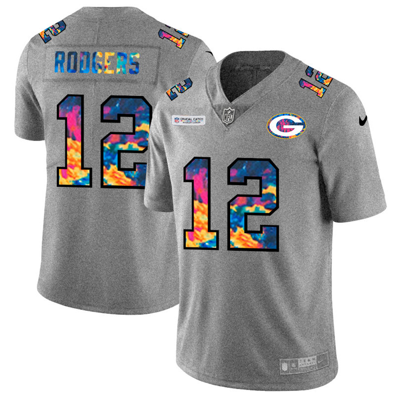 Personalized Green Bay Packers #12 Aaron Rodgers Men’s Multi-Color 2020 NFL Crucial Catch NFL Jersey Greyheather