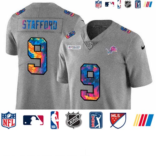 Personalized Detroit Lions #9 Matthew Stafford Men’s Multi-Color 2020 NFL Crucial Catch NFL Jersey Greyheather