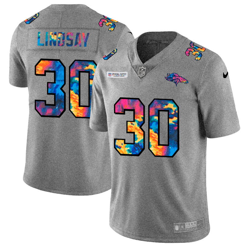 Personalized Denver Broncos #30 Phillip Lindsay Men’s Multi-Color 2020 NFL Crucial Catch NFL Jersey Greyheather