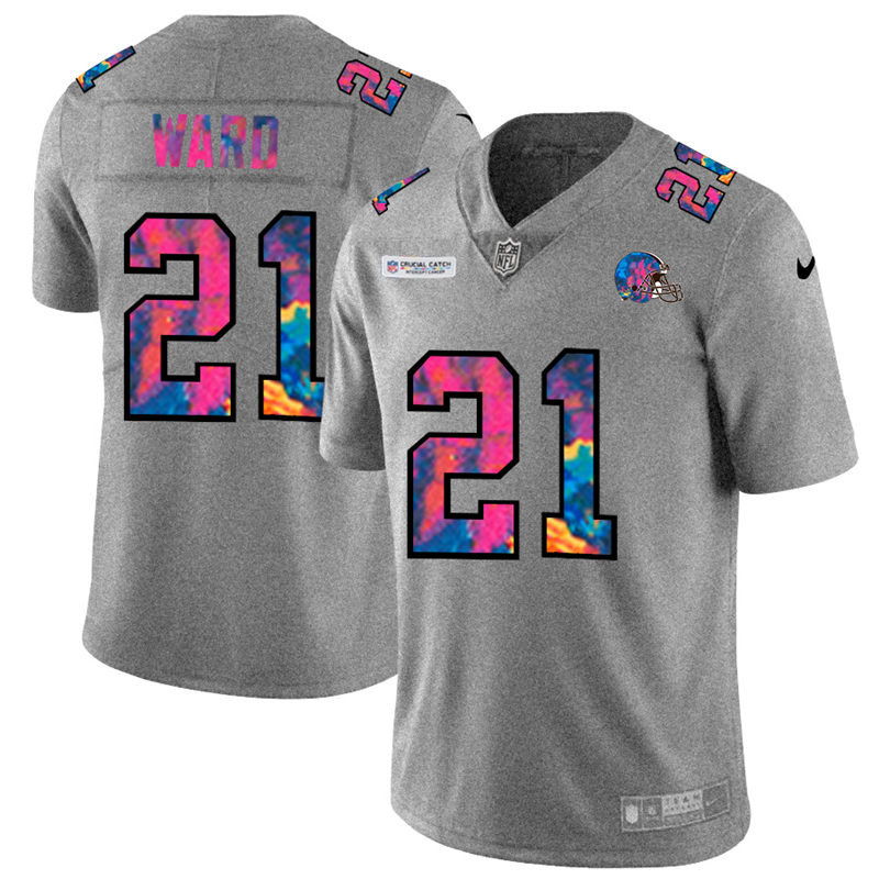 Personalized Cleveland Browns #21 Denzel Ward Men’s Multi-Color 2020 NFL Crucial Catch NFL Jersey Greyheather