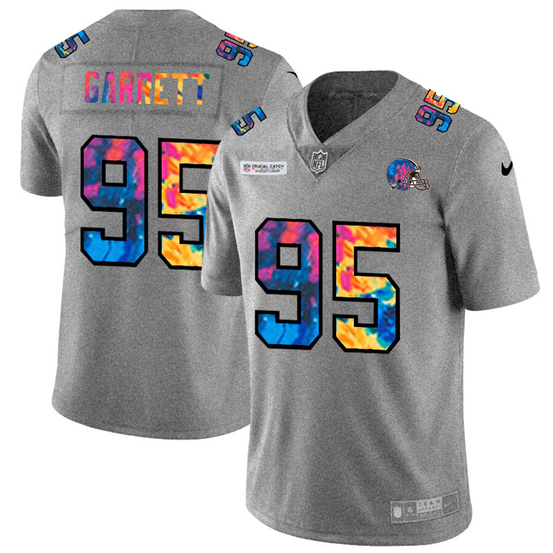 Personalized Cleveland Browns #95 Myles Garrett Men’s Multi-Color 2020 NFL Crucial Catch NFL Jersey Greyheather