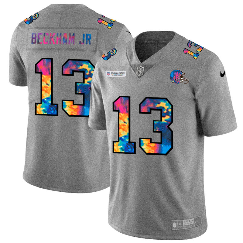 Personalized Cleveland Browns #13 Odell Beckham Jr. Men’s Multi-Color 2020 NFL Crucial Catch NFL Jersey Greyheather