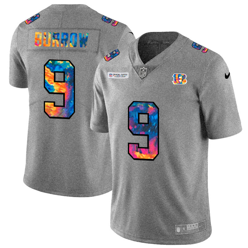 Personalized Cincinnati Bengals #9 Joe Burrow Men’s Multi-Color 2020 NFL Crucial Catch NFL Jersey Greyheather