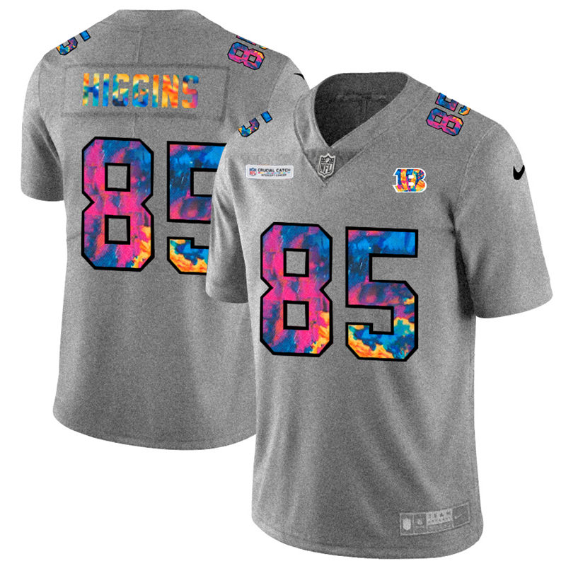 Personalized Cincinnati Bengals #85 Tee Higgins Men’s Multi-Color 2020 NFL Crucial Catch NFL Jersey Greyheather