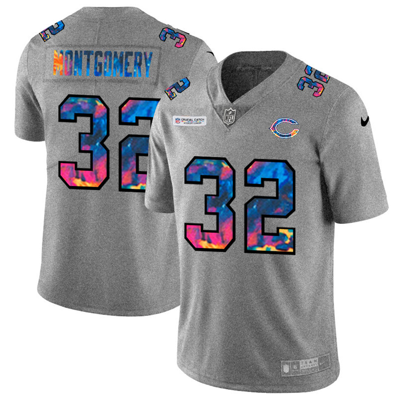 Personalized Chicago Bears #32 David Montgomery Men’s Multi-Color 2020 NFL Crucial Catch NFL Jersey Greyheather