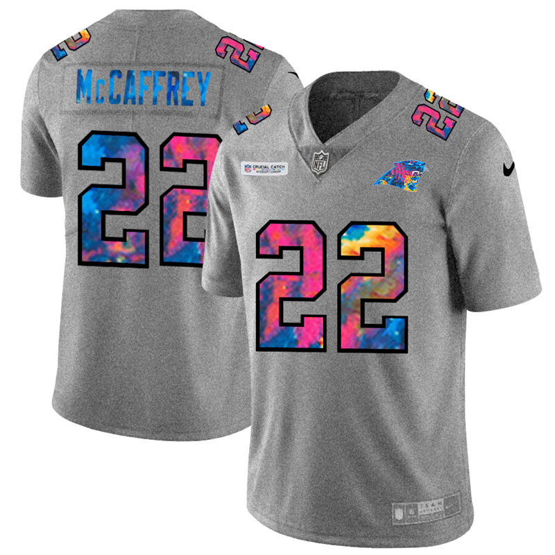 Personalized Carolina Panthers #22 Christian McCaffrey Men’s Multi-Color 2020 NFL Crucial Catch NFL Jersey Greyheather