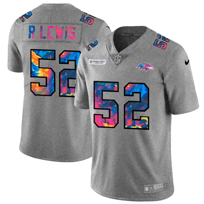 Personalized Baltimore Ravens #52 Ray Lewis Men’s Multi-Color 2020 NFL Crucial Catch NFL Jersey Greyheather