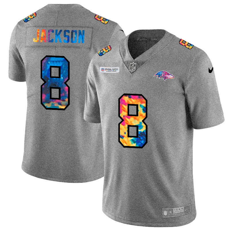 Personalized Baltimore Ravens #8 Lamar Jackson Men’s Multi-Color 2020 NFL Crucial Catch NFL Jersey Greyheather