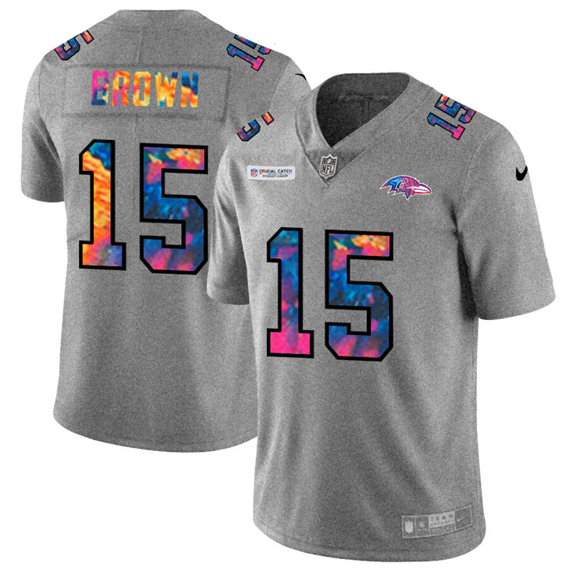 Personalized Baltimore Ravens #15 Marquise Brown Men’s Multi-Color 2020 NFL Crucial Catch NFL Jersey Greyheather