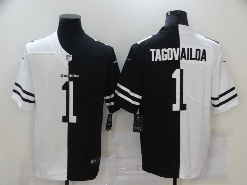 Personalized Dolphins 1 Tua Tagovailoa Black And White Split Untouchable Limited Jersey
