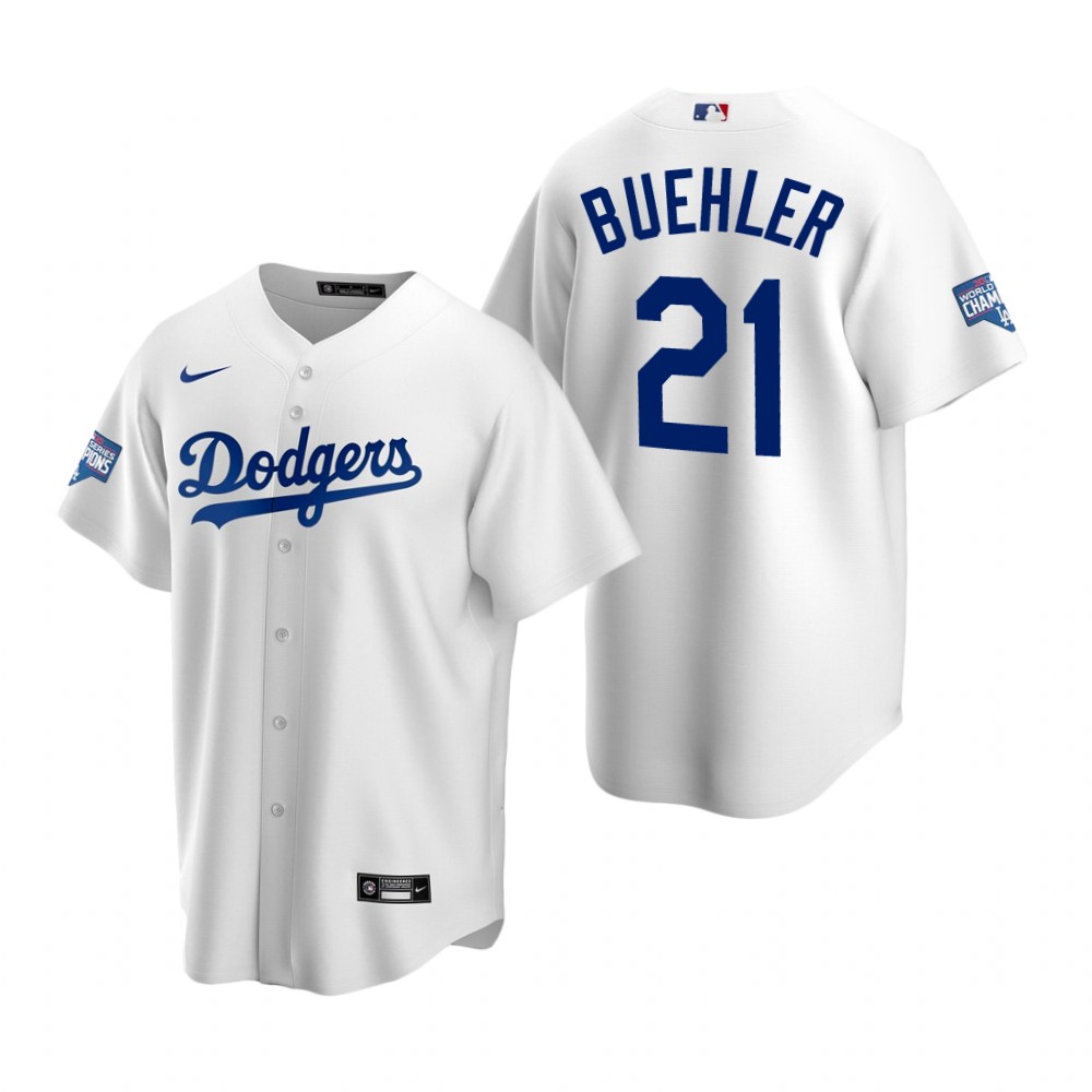 Personalized Youth Los Angeles Dodgers 21 Walker Buehler White 2020 World Series Champions Jersey