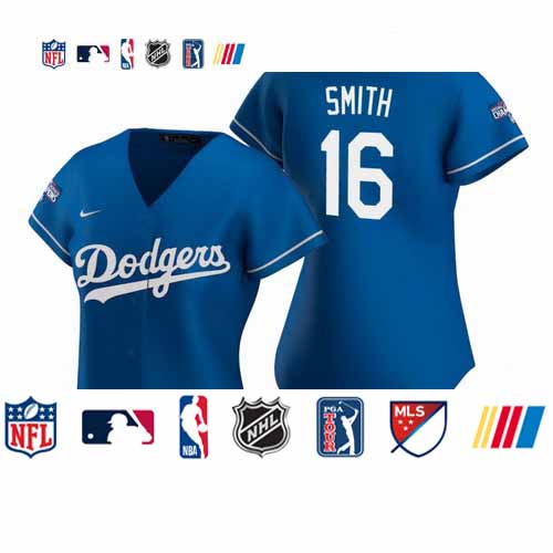Personalized Women Los Angeles Dodgers #16 Will Smith Royal 2020 World Series Champions Jersey