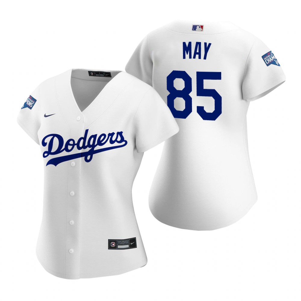 Personalized Women Los Angeles Dodgers #85 Dustin May White 2020 World Series Champions Jersey